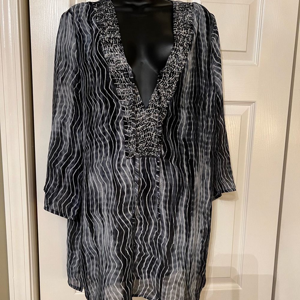 Raviya Black & White Semi-Sheer Beaded Tunic Swim Cover-Up – Size XL